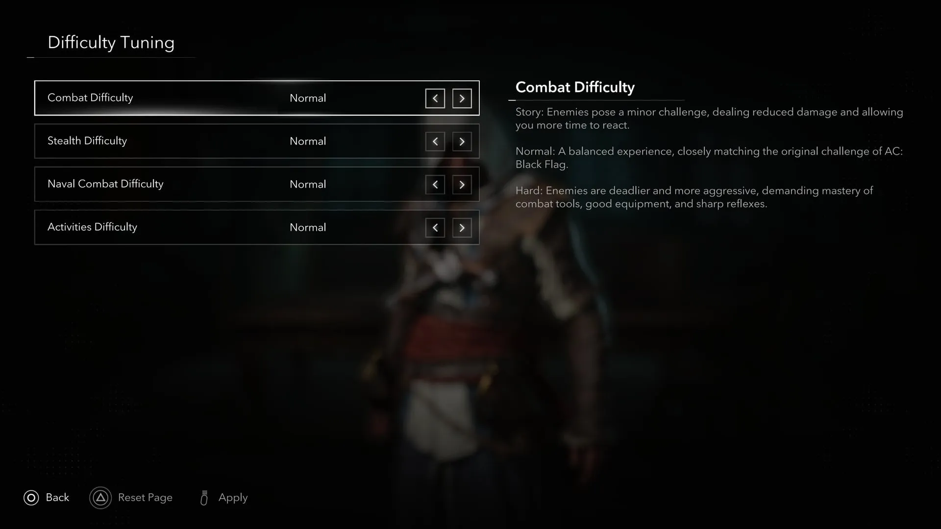 Official Ubisoft screenshot of the Black Flag Resynced difficulty settings screen.