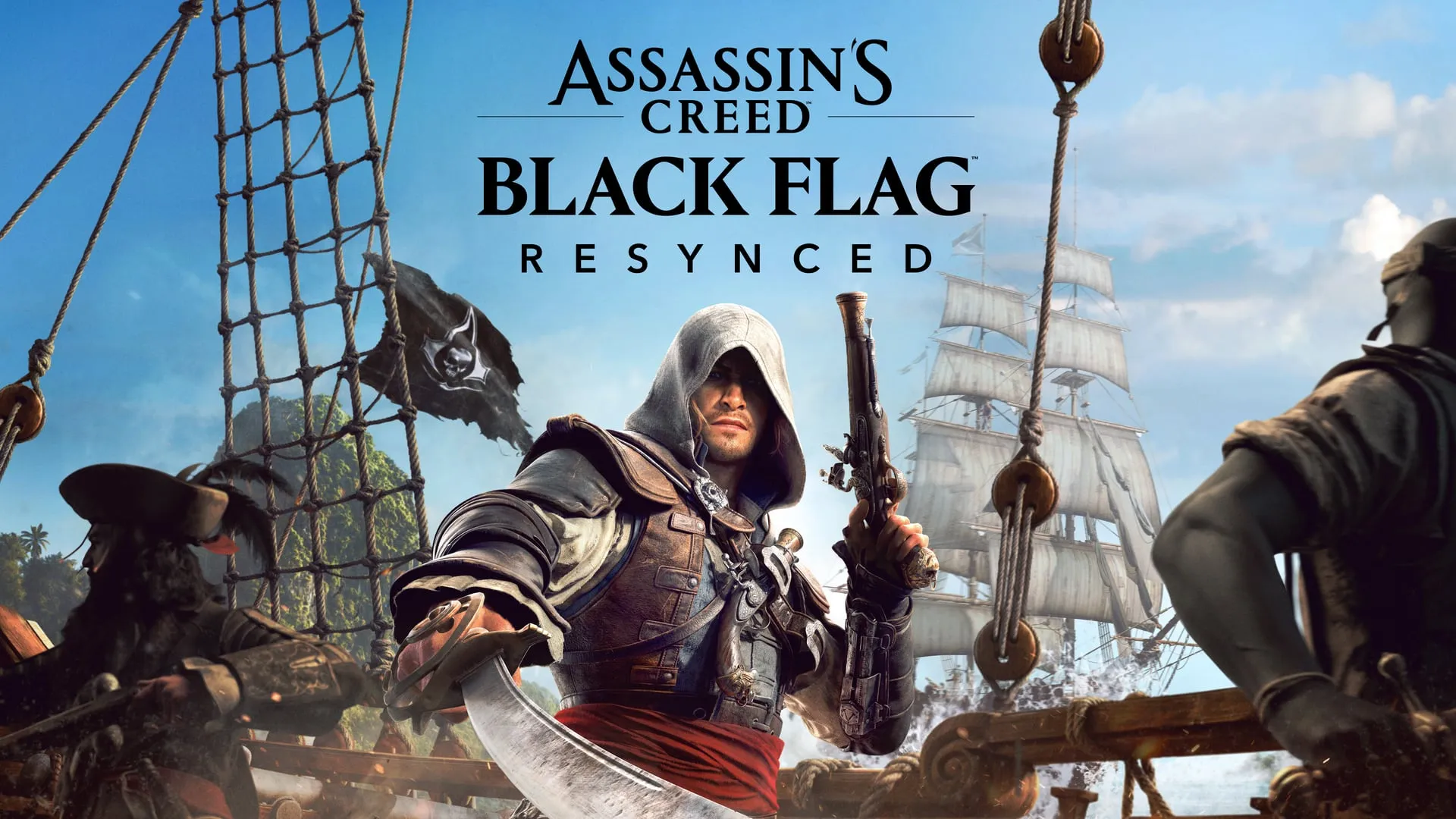 Official Black Flag Resynced key art showing Edward Kenway and the Caribbean.