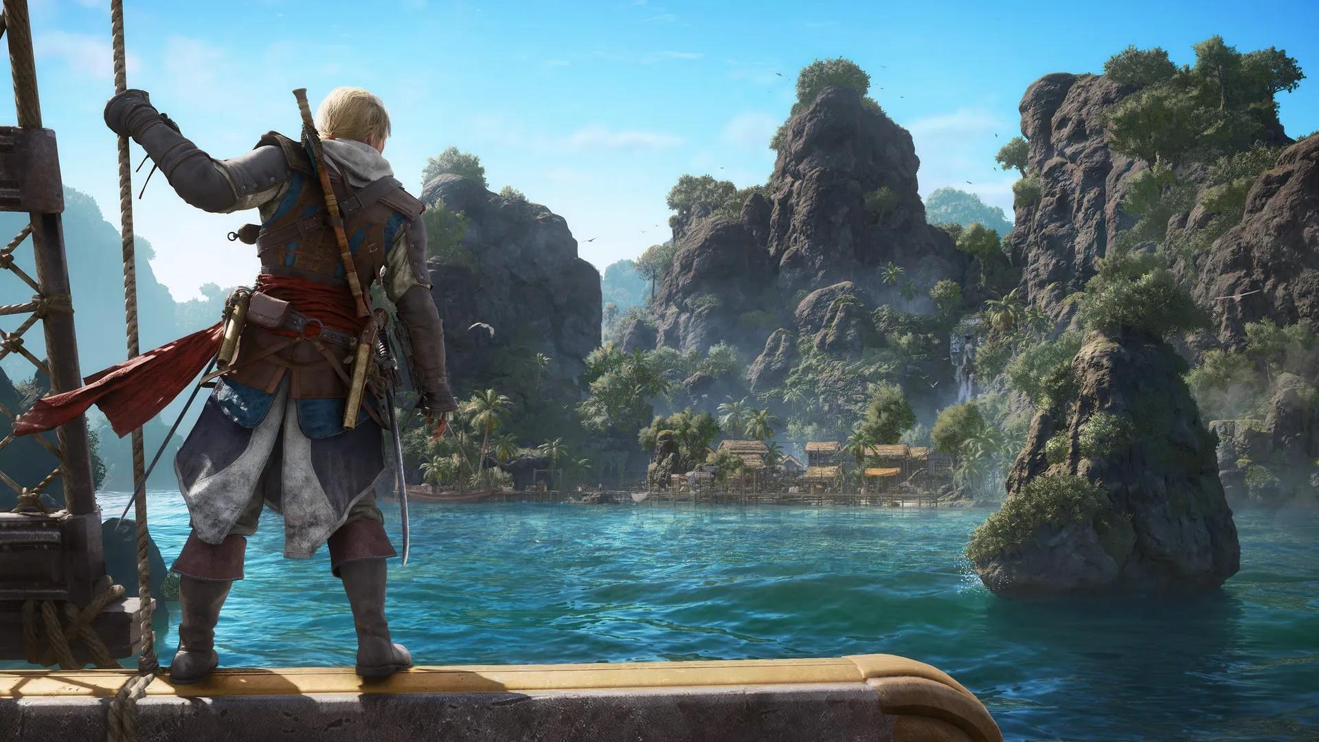 Official Ubisoft Black Flag Resynced Caribbean boat vista screenshot.