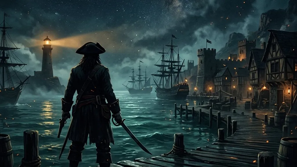 A silhouette of a lone pirate wearing a tricorne hat stands on a wooden dock overlooking a dark, misty harbor at night, with a distant lighthouse glowing in the background.