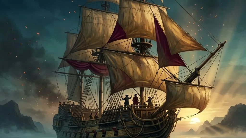 A majestic sailing warship sailing on a calm Caribbean sea during a golden dawn.