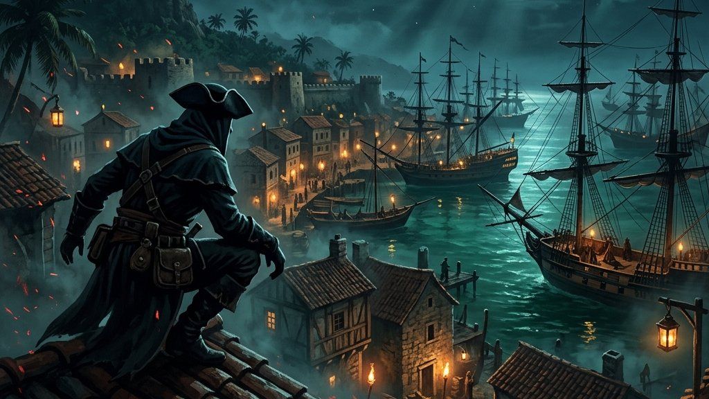 A silhouetted pirate figure crouching on the rooftop of a colonial coastal town, looking down at the lanterns below under a starry night sky.