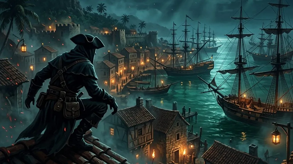 A silhouetted pirate figure crouching on the rooftop of a colonial coastal town, looking down at the lanterns below under a starry night sky.