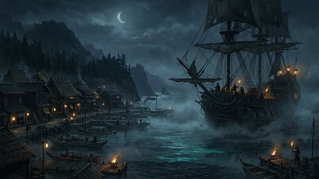A dark, atmospheric Japanese coastal village at night, with the silhouette of a European pirate ship emerging from sea fog