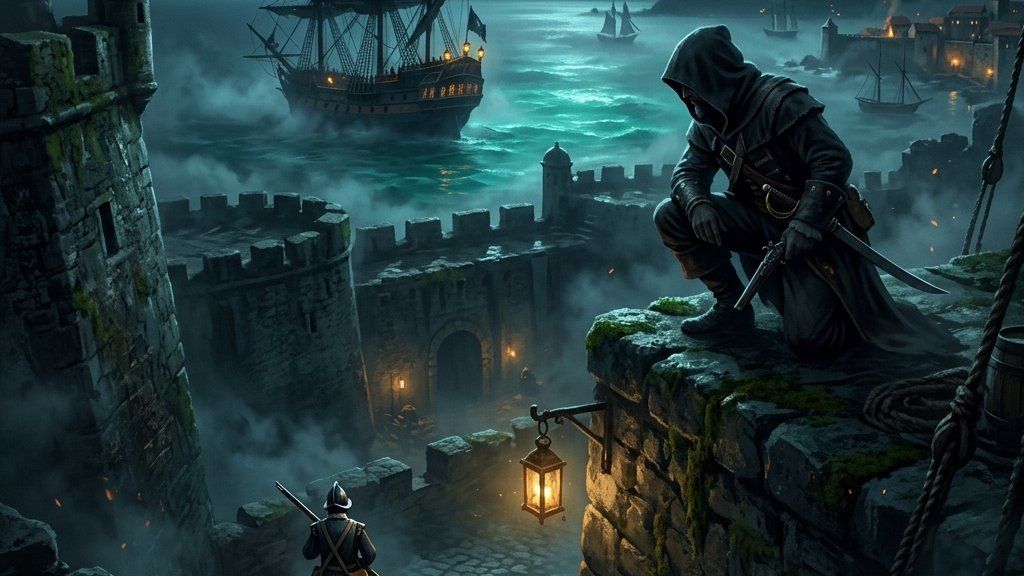 A hooded pirate crouching on the wall of a Spanish fortress at night, overlooking a harbor with a galleon in the background.