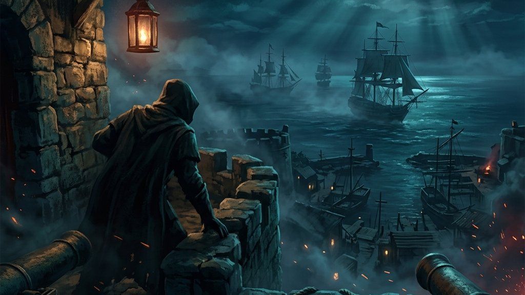 A generic hooded pirate assassin crouched in the shadows of a Spanish fort at night, looking down at a guard.