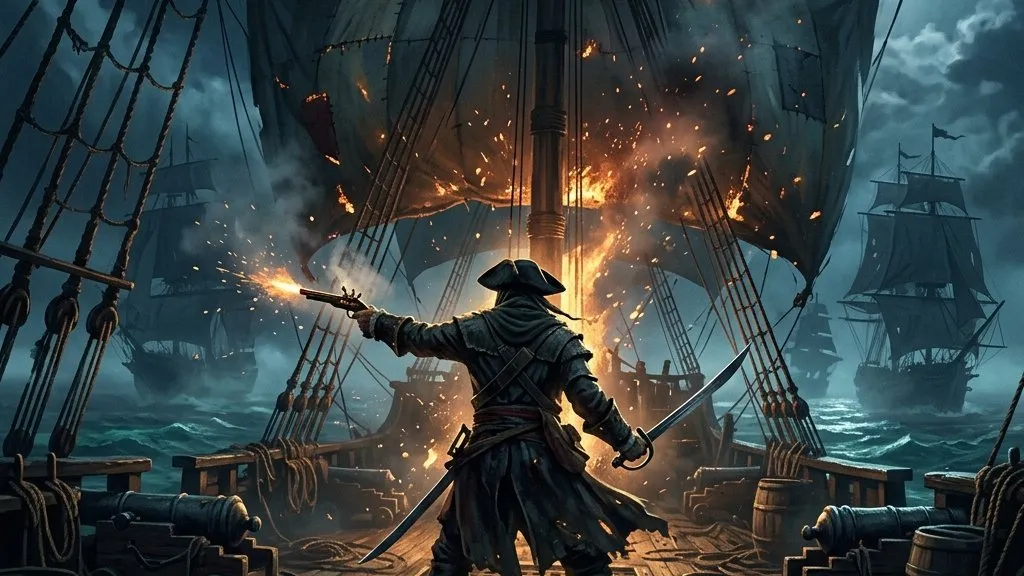A pirate with a hidden face dual-wielding cutlasses and a flintlock pistol on a ship deck illuminated by glowing embers