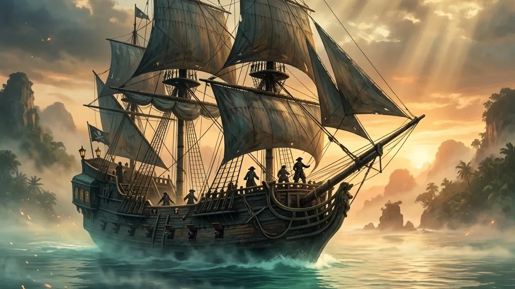 A massive rigged pirate galleon sailing on a calm Caribbean sea during a golden dawn with glowing mist.