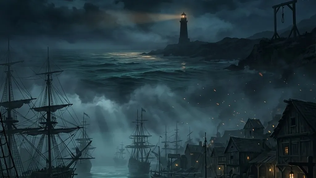 A moody night scene of a gloomy Caribbean harbor town featuring a lighthouse silhouette in the distance next to wooden gallows.