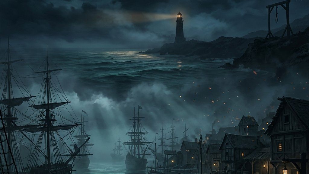 A moody night scene of a gloomy Caribbean harbor town featuring a lighthouse silhouette in the distance next to wooden gallows.
