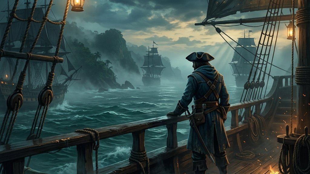 A hooded pirate standing on a wooden deck looking out towards a misty Caribbean island at dusk.