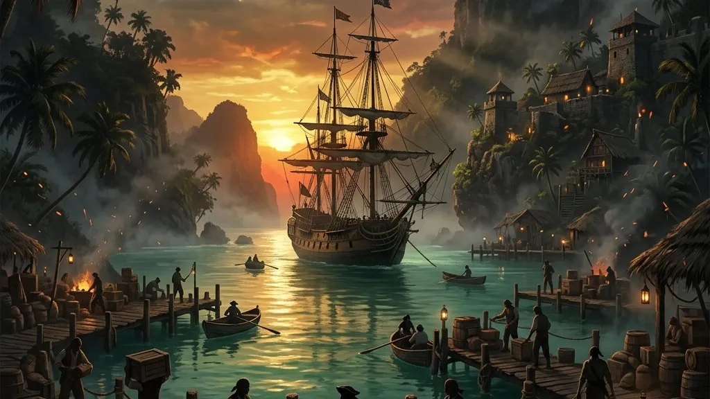 An atmospheric sunset view of a hidden pirate cove in the Caribbean with a large wooden wind-vessel anchored near the shore.