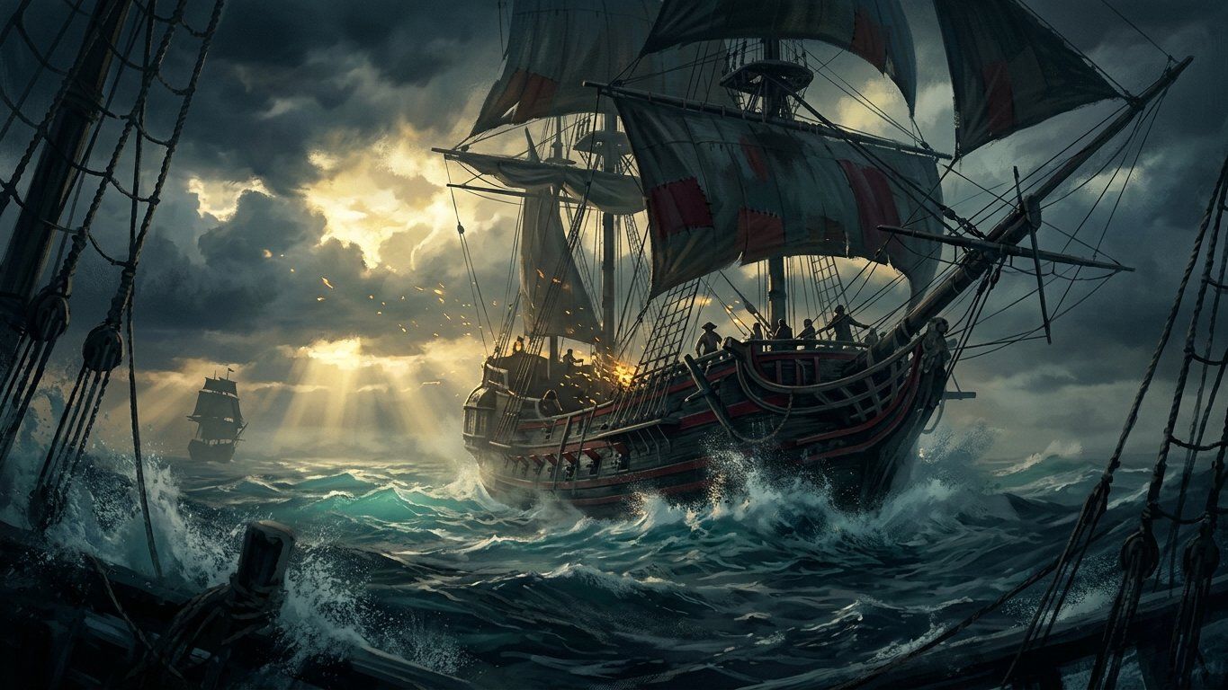 A majestic next-gen sailing pirate ship sailing on a stormy Caribbean sea under a cloudy dawn sky, showing premium visual fidelity