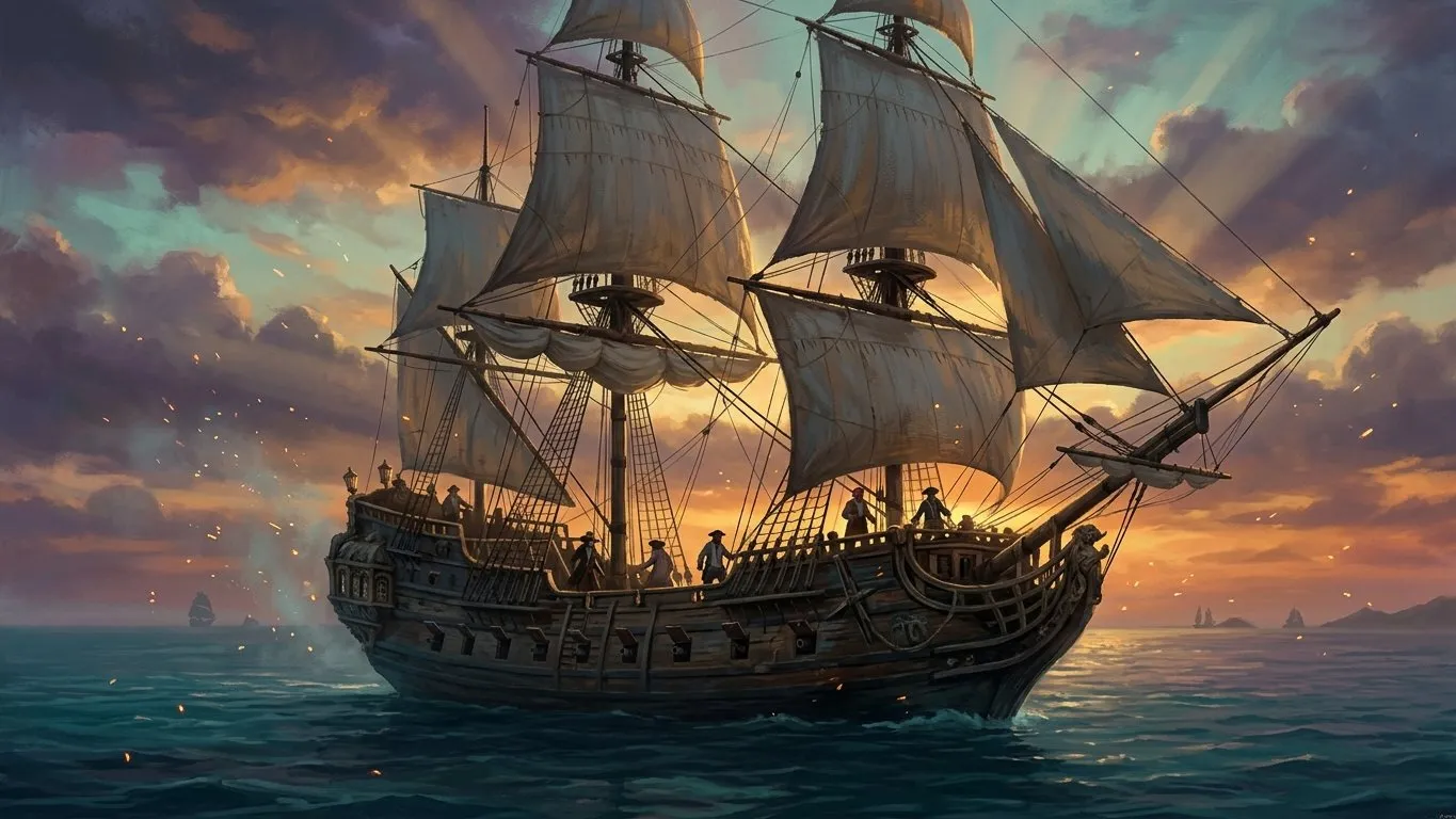 A massive pirate galleon sailing across the calm Caribbean sea during a vibrant golden sunrise.