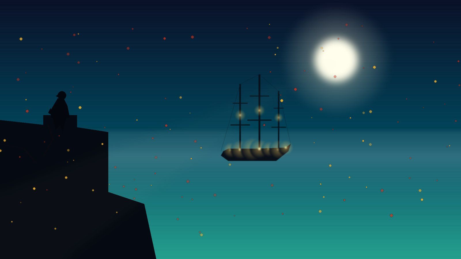 A hooded figure crouched on the stone ramparts of a Spanish fort under a moonlit sky, gazing down at a ship in the harbor.