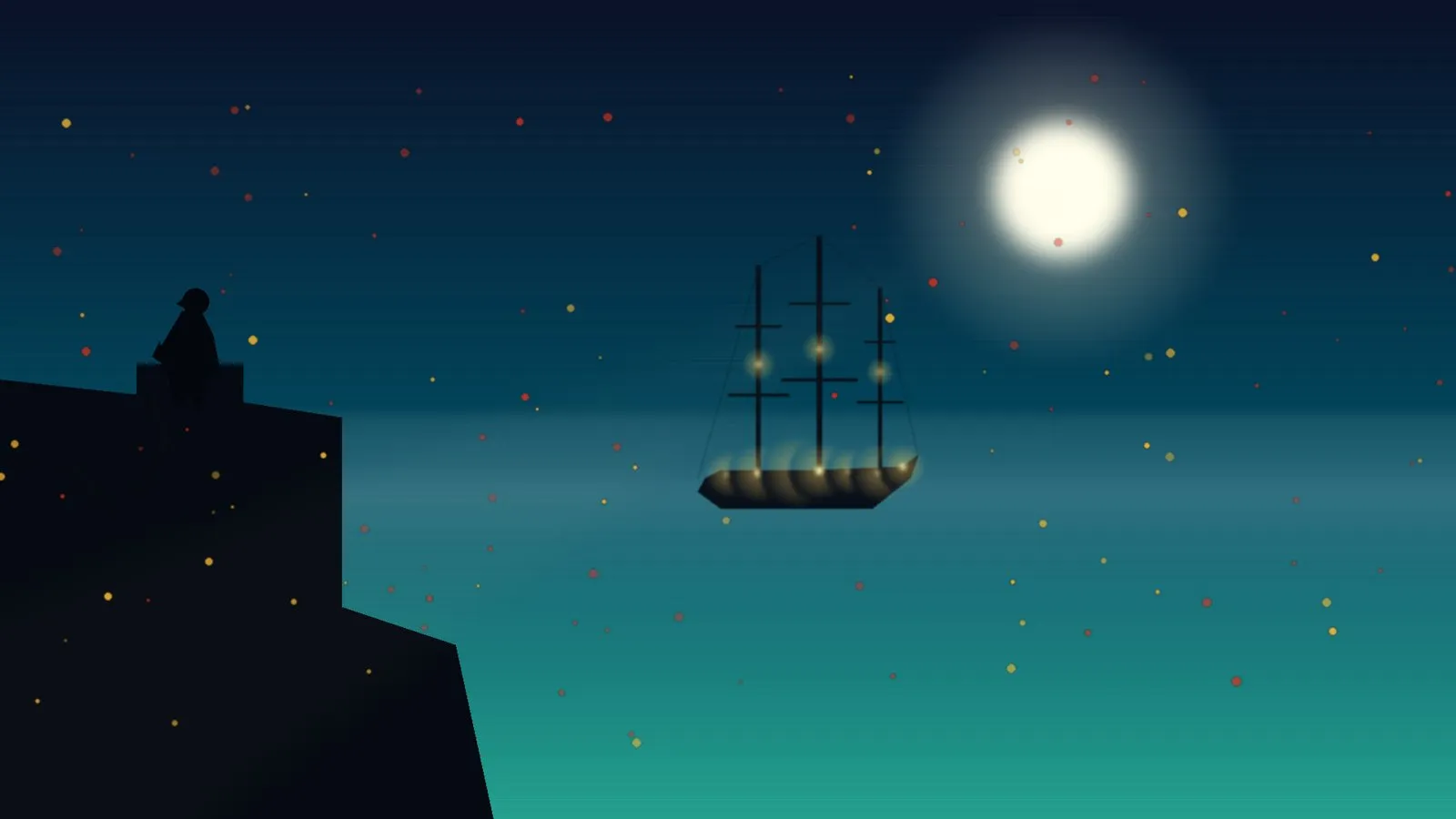 A hooded figure crouched on the stone ramparts of a Spanish fort under a moonlit sky, gazing down at a ship in the harbor.