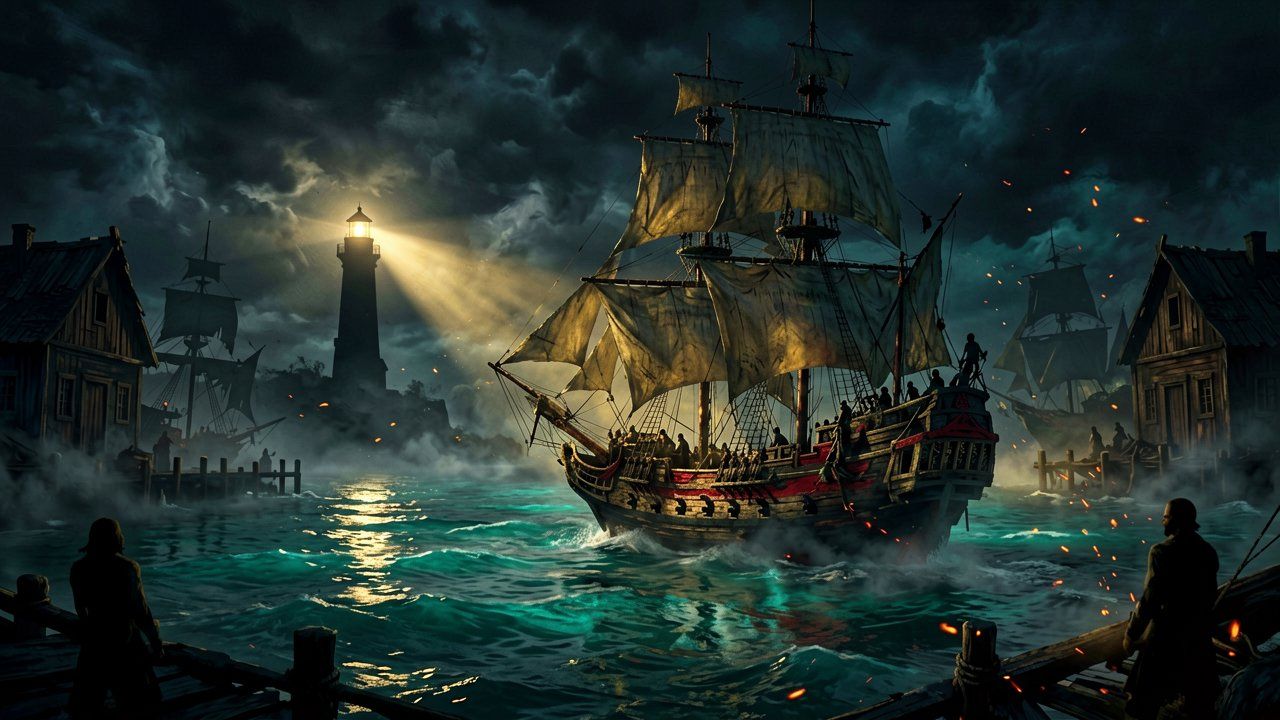 A lone stone lighthouse overlooking a dark Caribbean harbor at night under a cloudy sky.