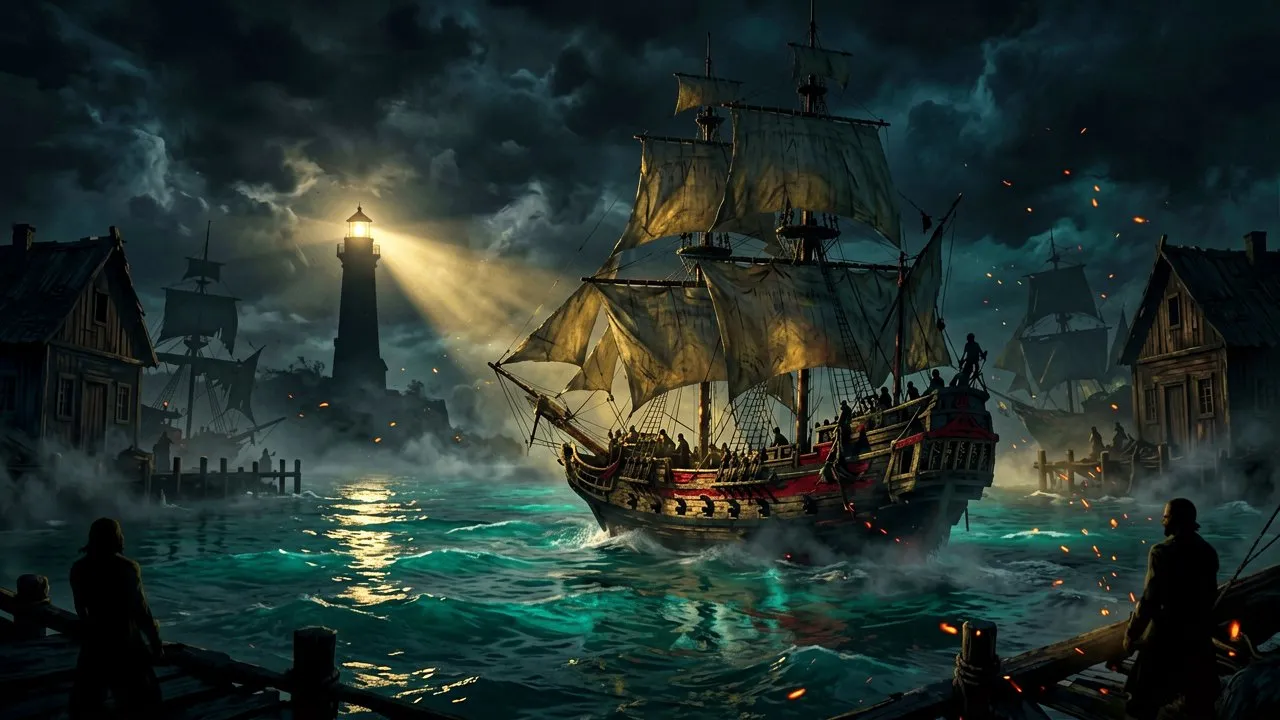 A lone stone lighthouse overlooking a dark Caribbean harbor at night under a cloudy sky.