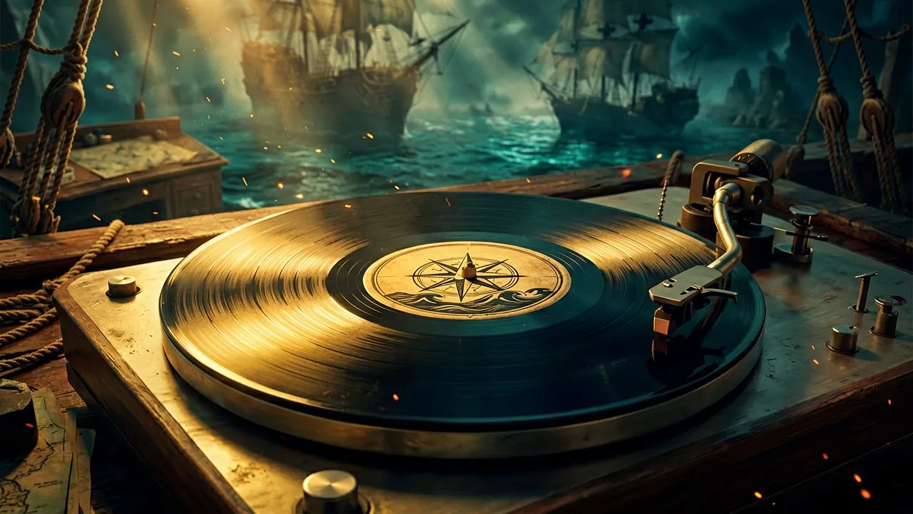 A vintage record player spin-docking a black vinyl record with a sea captain's compass design on the center label, set against a dark wooden background.
