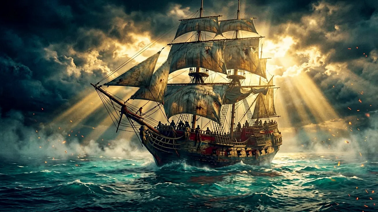 A majestic wind-worn pirate ship sailing across the Caribbean Sea under a dramatic golden dawn.
