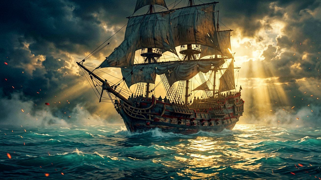 A majestic pirate galleon sailing through golden morning mist on the Caribbean Sea at sunrise.