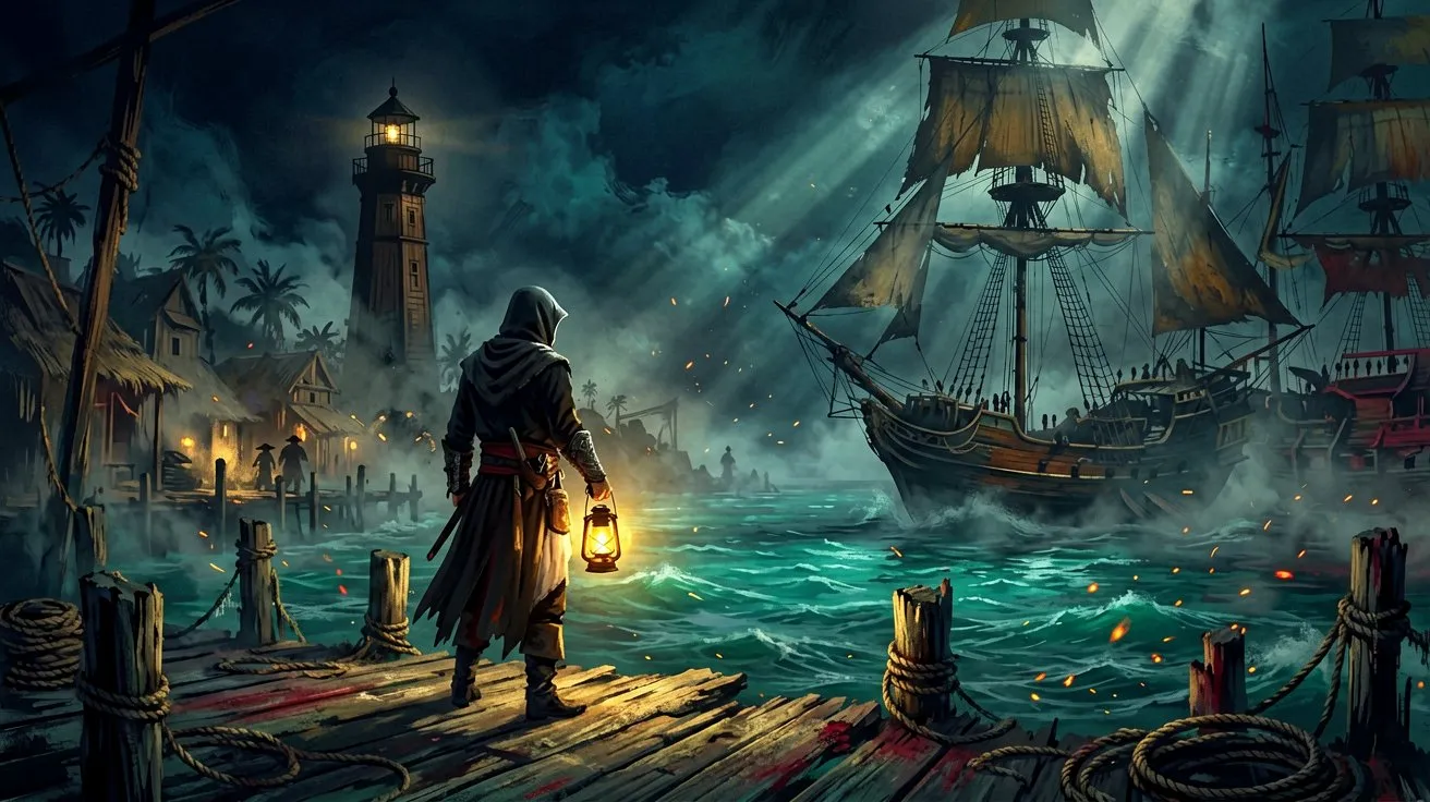 An artistic night scene showing a hooded pirate silhouette looking over a misty, lantern-lit Caribbean harbor.