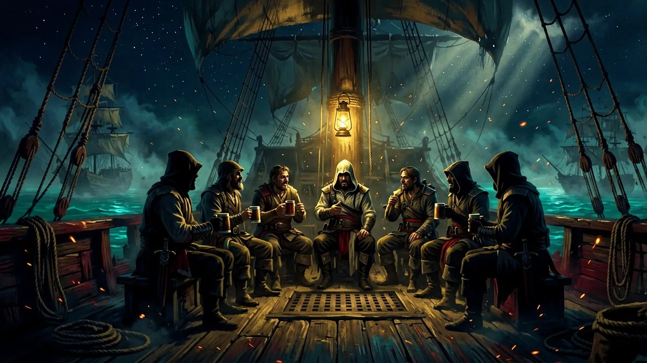 A group of silhouetted sailors singing on a lantern-lit wooden ship deck under a starry night sky
