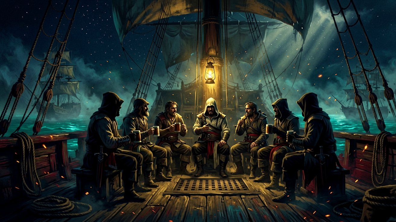 A group of silhouetted sailors singing on a lantern-lit wooden ship deck under a starry night sky