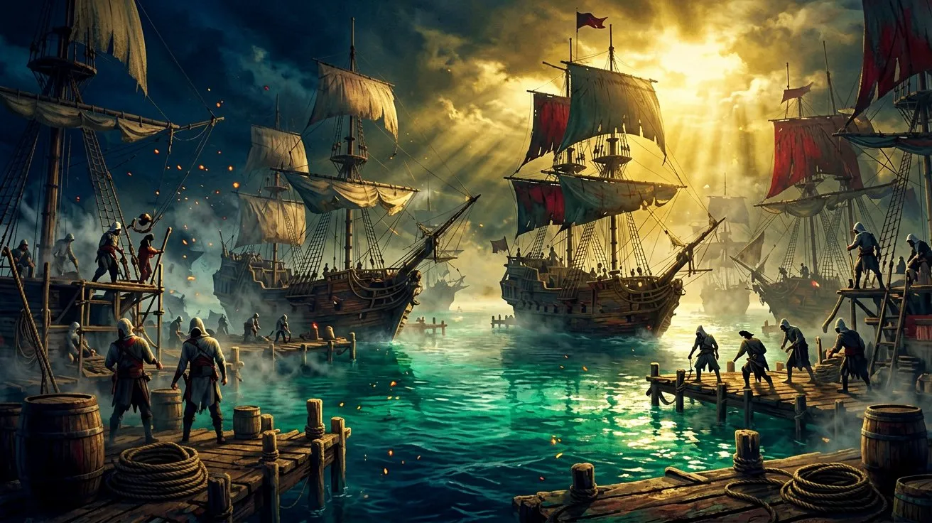 A busy, sunlit 18th-century pirate shipyard showing workers repairing hulls of massive ships under construction in a hidden Caribbean cove.