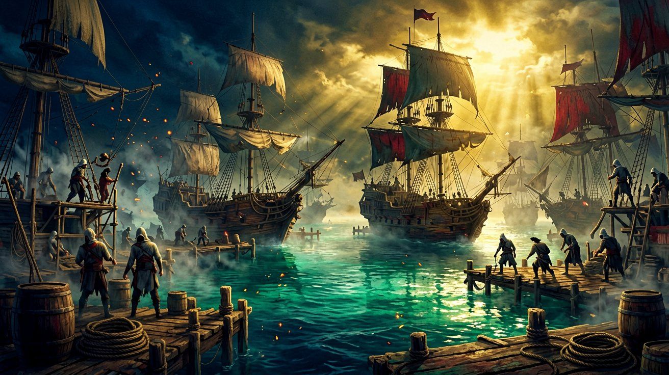 A busy, sunlit 18th-century pirate shipyard showing workers repairing hulls of massive ships under construction in a hidden Caribbean cove.