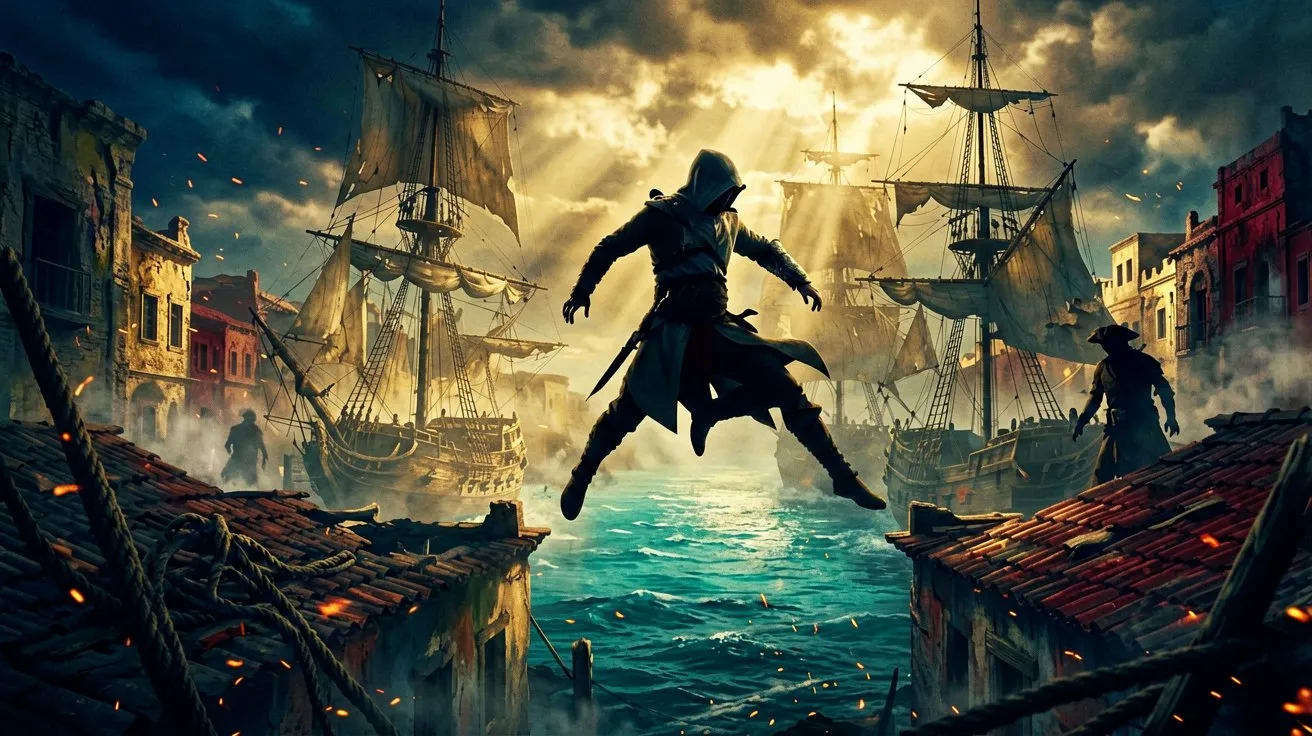 A silhouetted rogue leaping between historic colonial rooftops under a bright Caribbean sun, overlooking a busy harbor filled with sailing ships.