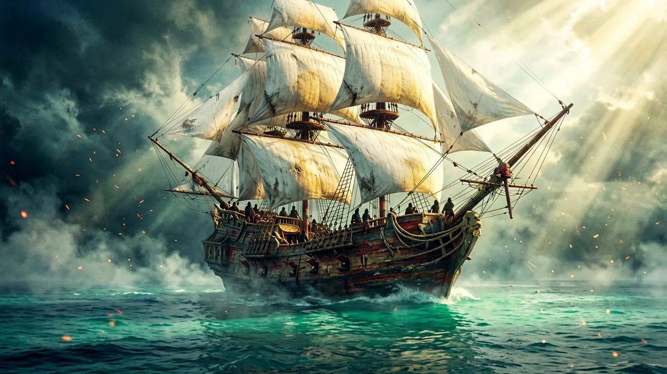 A wide-angle landscape of a grand 18th-century pirate ship sailing across the vibrant turquoise waters of the Caribbean under a clear dawn sky.
