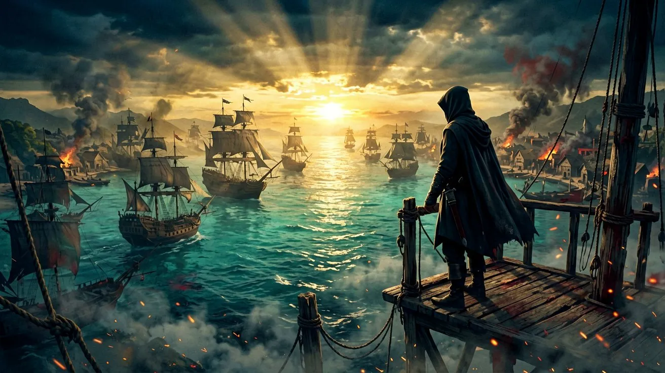 A hooded pirate figure standing on a wooden watchtower at sunrise, looking out at a wide harbor filled with classic sailing ships.