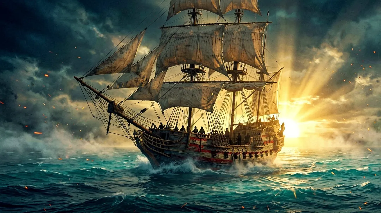 A majestic Spanish galleon sailing on the golden Caribbean Sea at sunrise under a clear sky