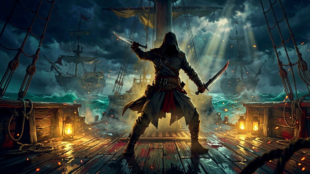 A hooded pirate silhouetted against a fiery ship deck while wielding dual swords in a combat stance.