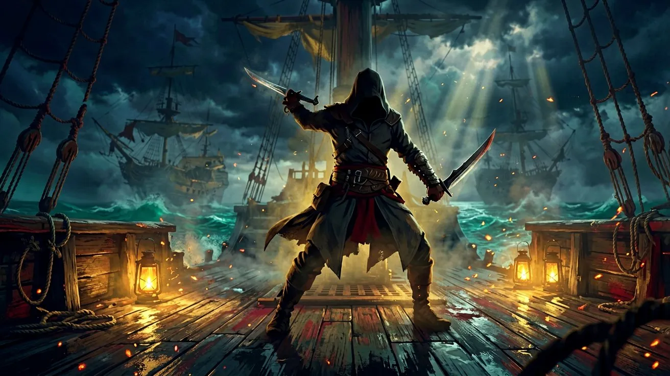 A hooded pirate silhouetted against a fiery ship deck while wielding dual swords in a combat stance.