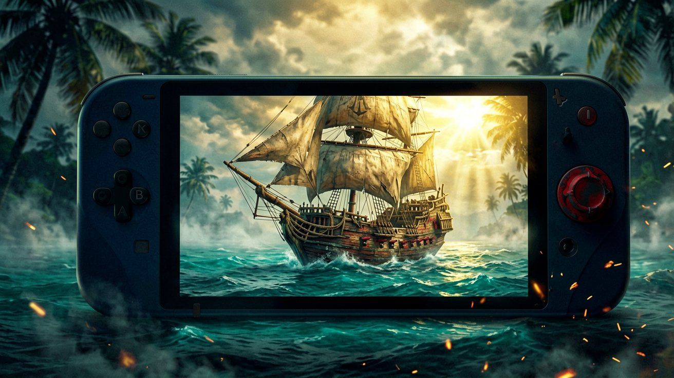 A hand holding a sleek handheld gaming device showcasing a pirate sailing ship on a bright blue ocean.
