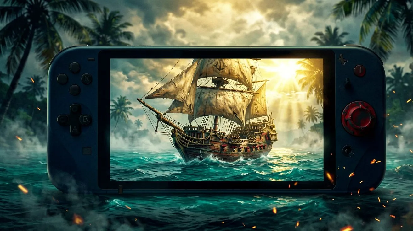 A hand holding a sleek handheld gaming device showcasing a pirate sailing ship on a bright blue ocean.