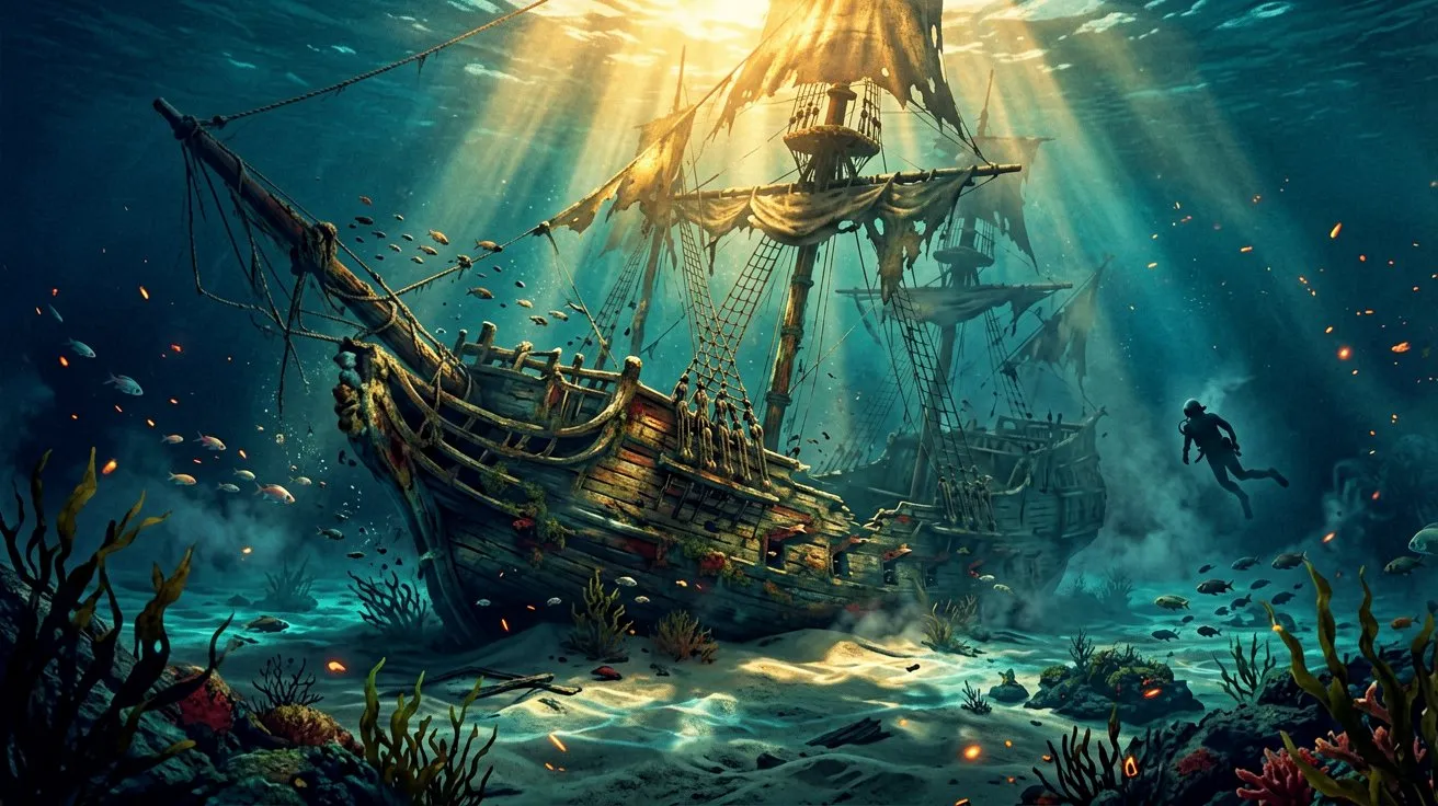 An underwater view of a massive wooden shipwreck on the sandy seabed of the Caribbean, with shafts of turquoise sunlight filtering down through the water.