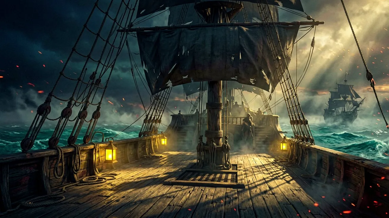 A detailed view of a classic wooden pirate ship's deck at dusk, showing rope rigging and dark sails flapping in a strong sea breeze.