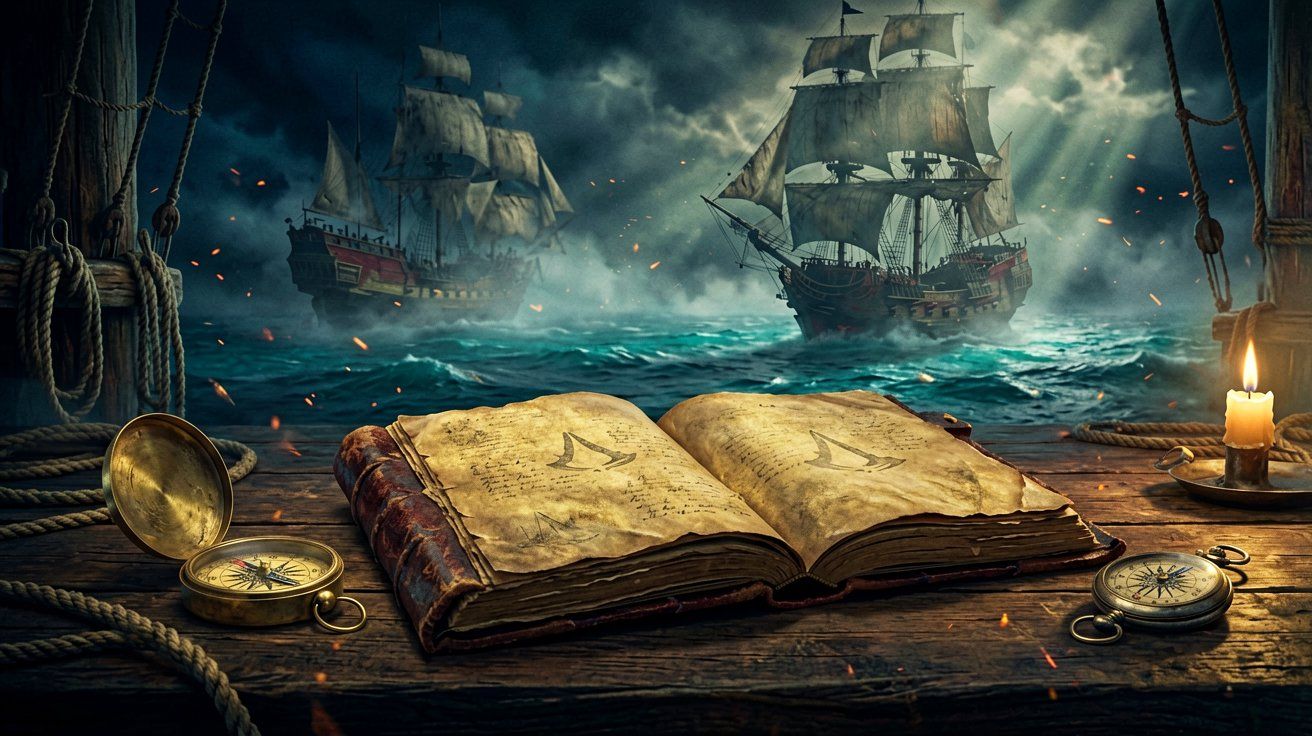 An open antique leather-bound journal lying on a dark wooden table next to a brass compass, illuminated by candle light.