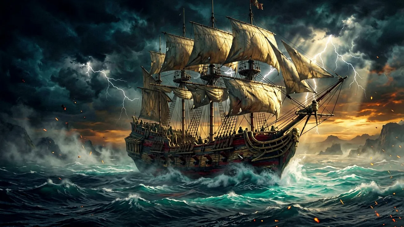 A wooden pirate ship sailing through stormy seas at sunset with waves crashing against its hull.