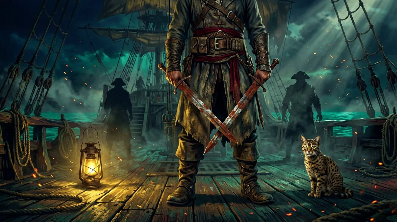 A close-up of two rusted cutlasses resting against a wooden crate on a ship's deck, with a small exotic cat sitting nearby under the glow of a lantern.