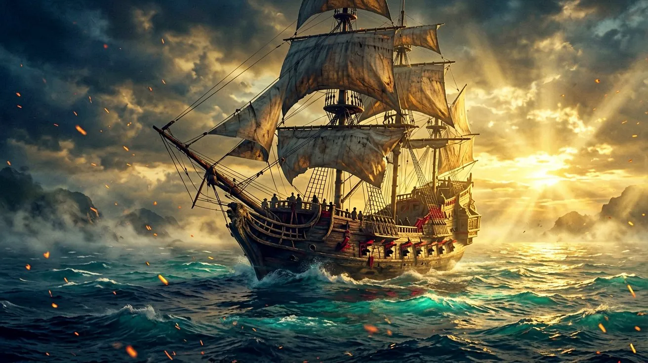 A grand, detailed 18th-century pirate galleon sailing across the Caribbean sea at dawn, captured in a wide panoramic view with warm golden sunrise illuminating the ocean.