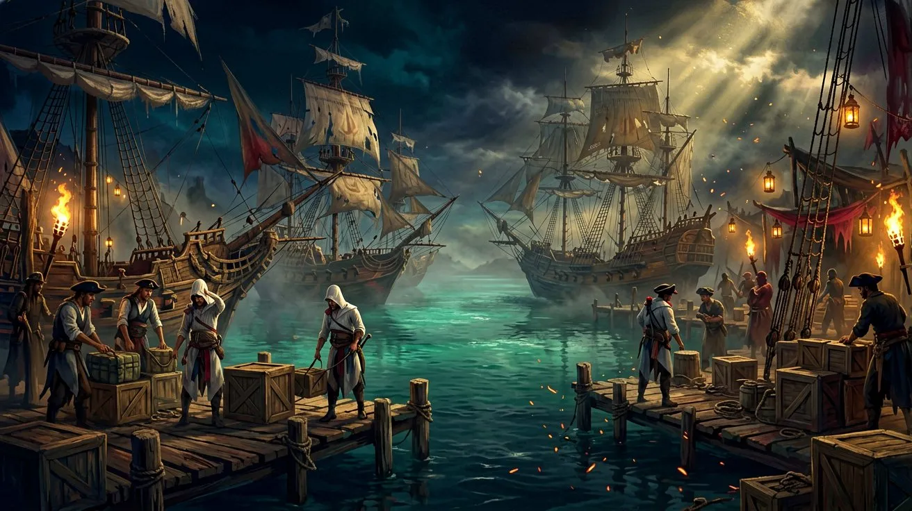 A bustling 18th-century pirate cove at dusk with sailing ships docked along a wooden pier and crew members working.