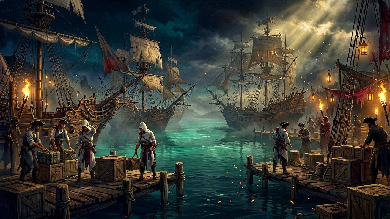 A bustling 18th-century pirate cove at dusk with sailing ships docked along a wooden pier and crew members working.