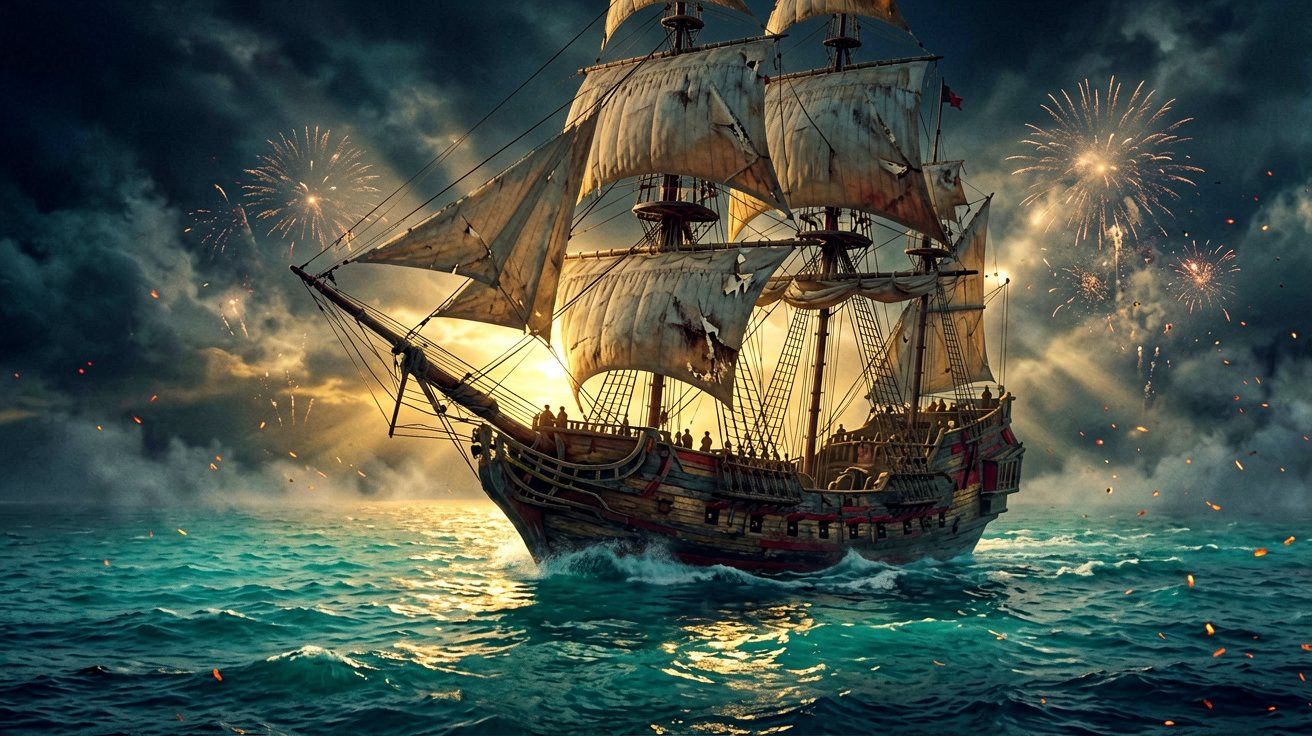 A majestic pirate galleon sailing on a golden tropical sea at sunrise