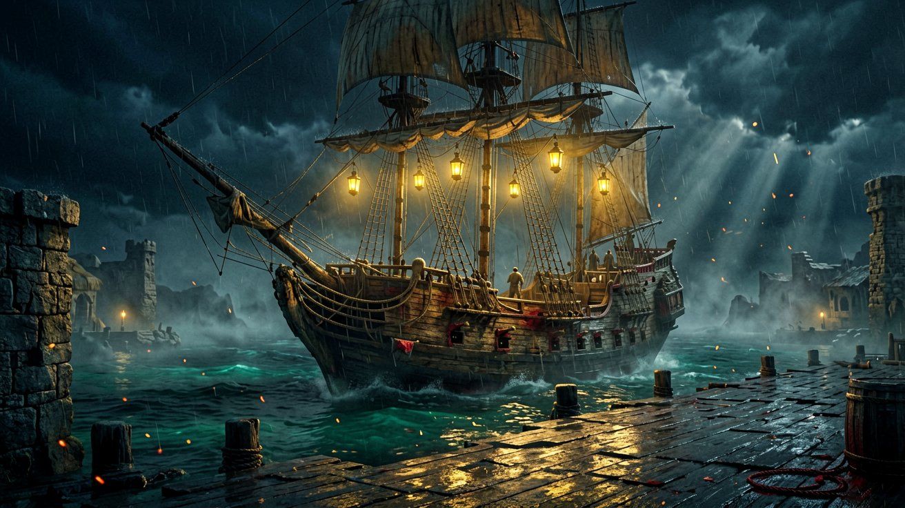 A wooden sailing ship docked at a Caribbean colonial port under a dark, stormy night sky with warm lanterns lighting the deck.