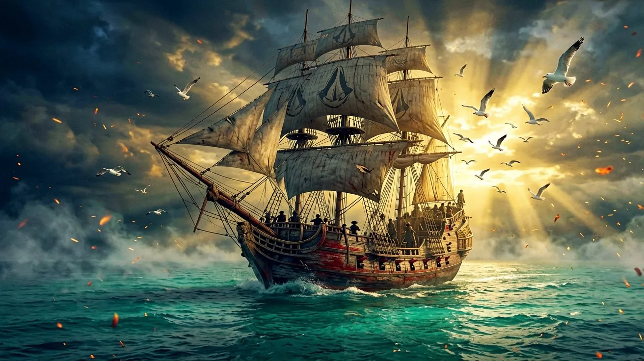 A grand 18th-century pirate ship sailing across the calm Caribbean Sea during a vibrant golden sunrise.
