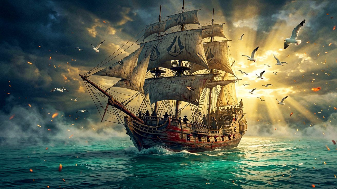 A grand 18th-century pirate ship sailing across the calm Caribbean Sea during a vibrant golden sunrise.